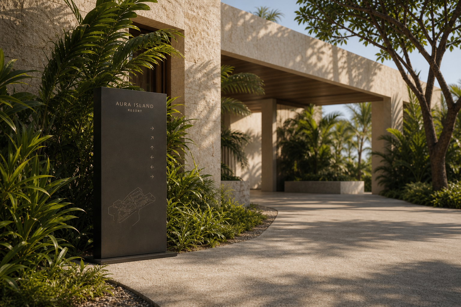 Aura Island Resort 05 arrival monolith tropical entry