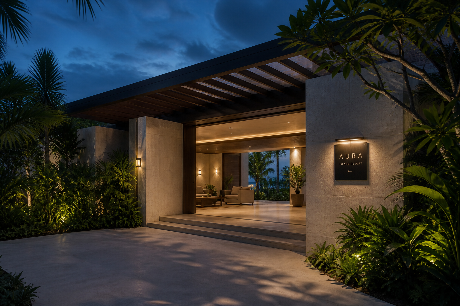 Aura Island Resort 09 dusk lobby directional sign