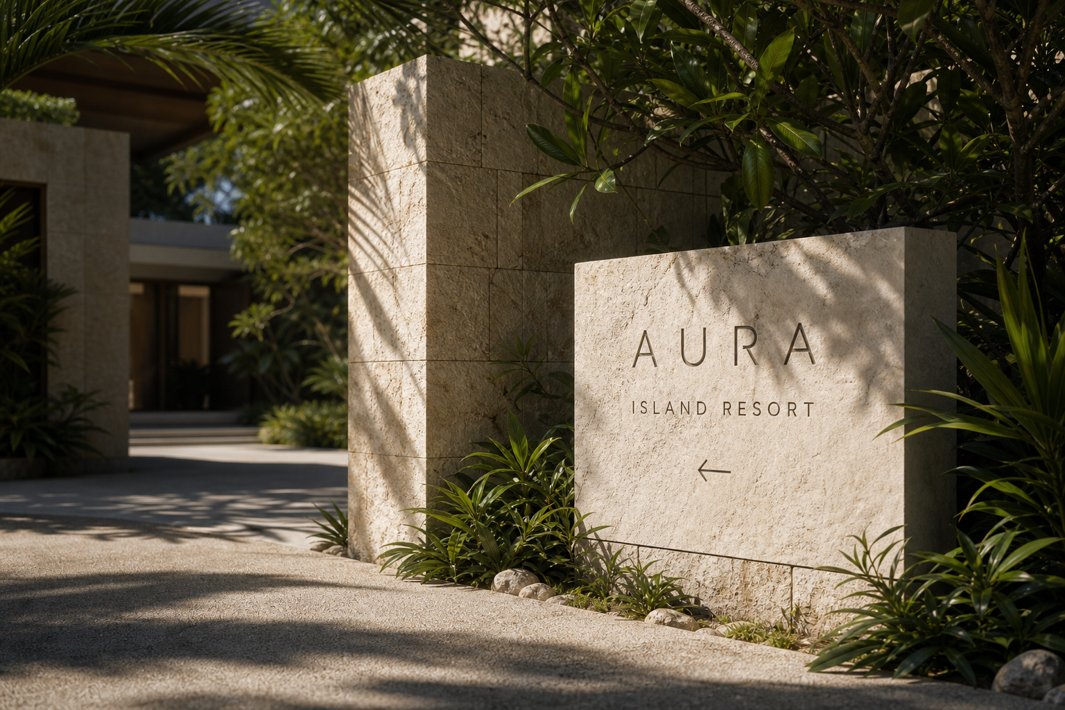 Aura Island Resort entrance sign vegetation