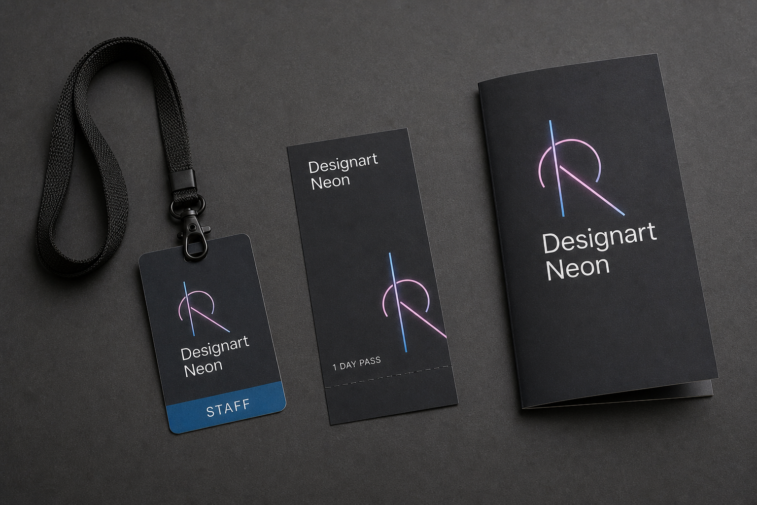 Designart Neon 08 pass lanyard ticket flatlay