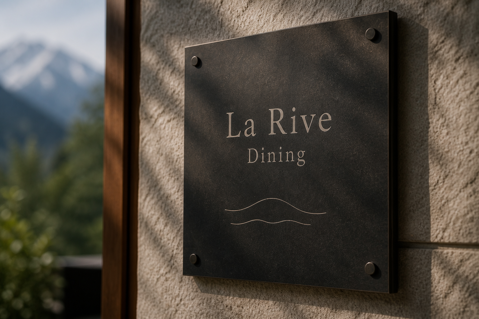 La Rive Dining 07 door plaque dark metal macro