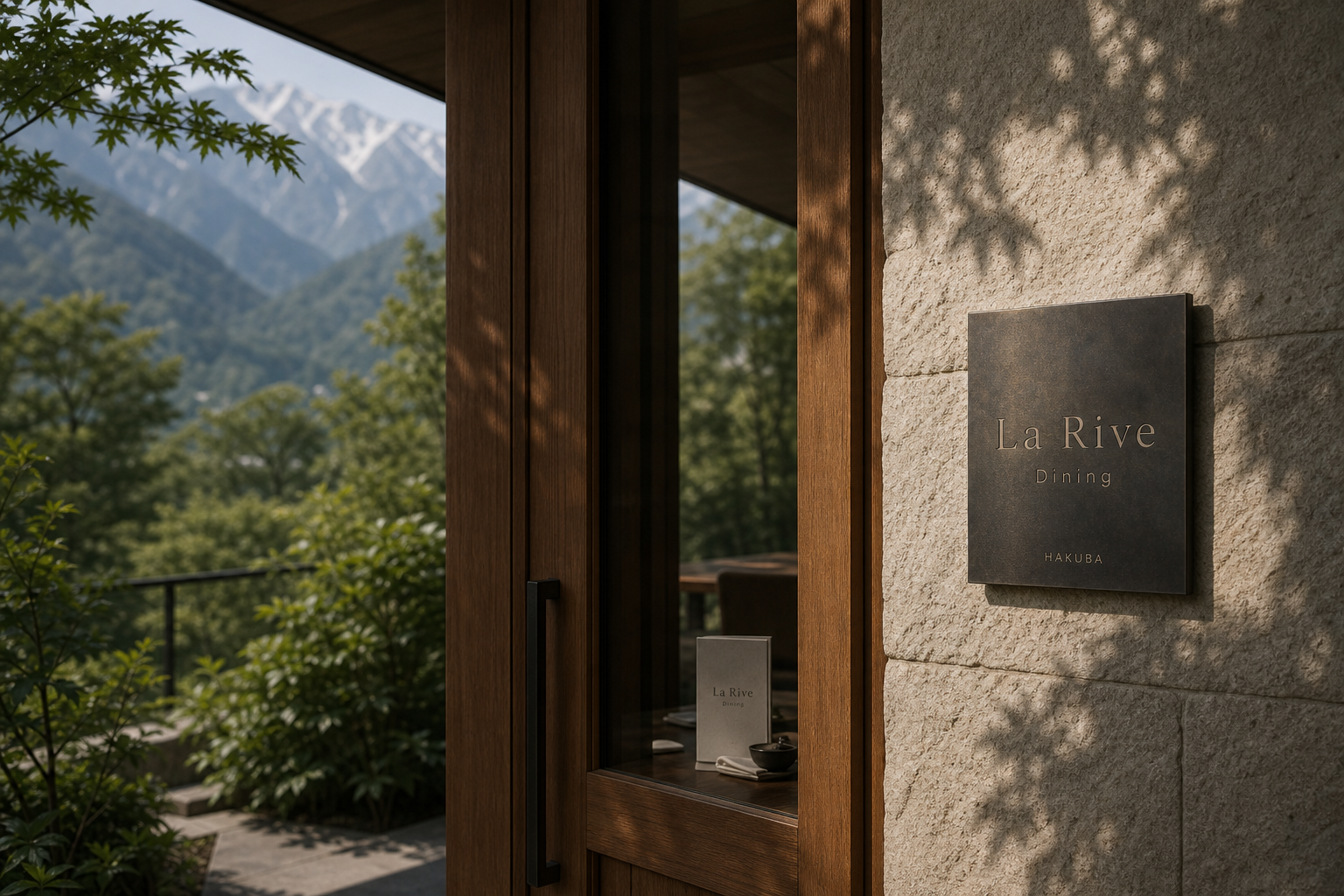 La Rive Dining entrance sign vegetation