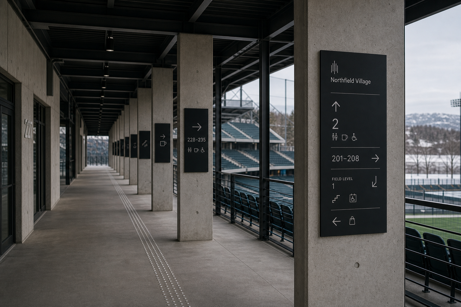 Northfield Village covered walkway signage