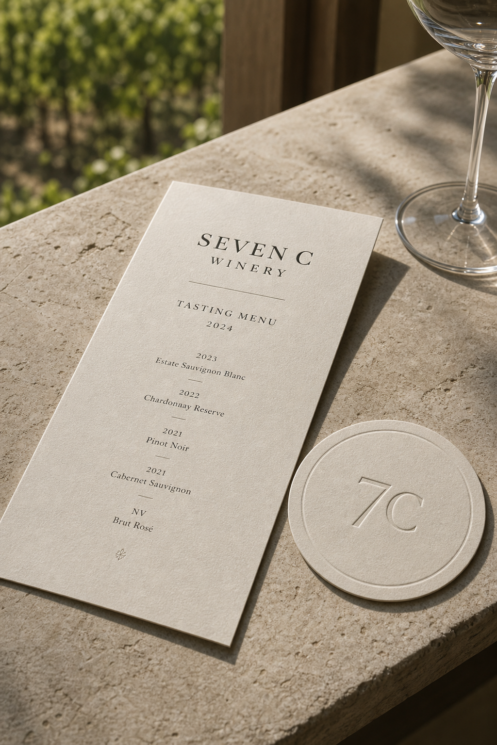 Seven C Winery tasting menu coaster